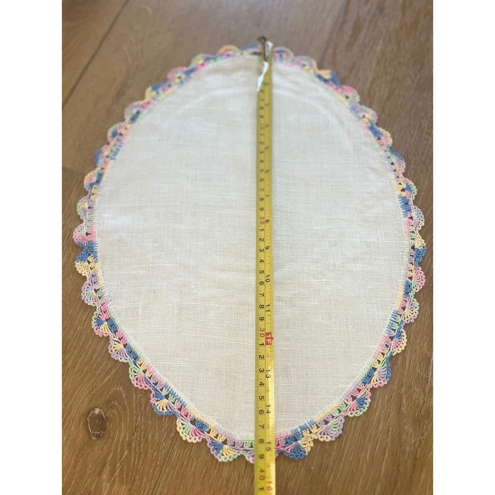 Vintage Linen Doilies Set of 3 Pastel Rainbow Crochet Lace Trim Scalloped Edge